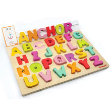 Load image into Gallery viewer, Wooden alphabet puzzle with 50 flash cards “My first English Words”