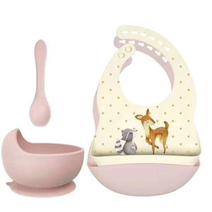 Set of silicone bibs + bowl with suction cup and spoon - Deer & Raccoon Soft Pink