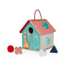 Load image into Gallery viewer, Sophie la girafe wooden shape sorting house

