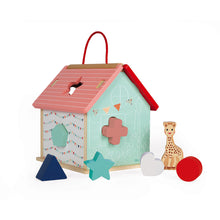 Load image into Gallery viewer, Sophie la girafe wooden shape sorting house
