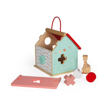 Load image into Gallery viewer, Sophie la girafe wooden shape sorting house
