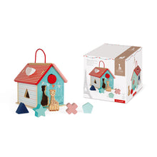 Load image into Gallery viewer, Sophie la girafe wooden shape sorting house
